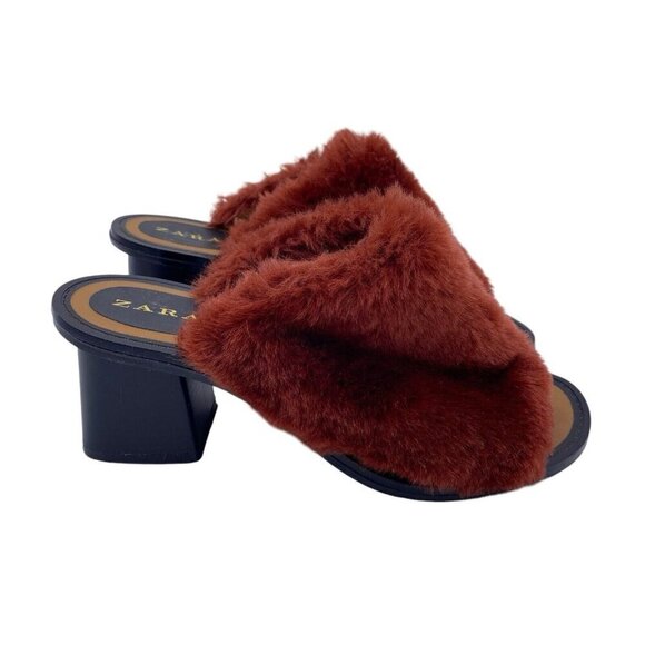 Zara Faux Fur Block Heel Mules Womens Size 38 Slip On Open Toe Sandals Burnt Red - Picture 1 of 12
